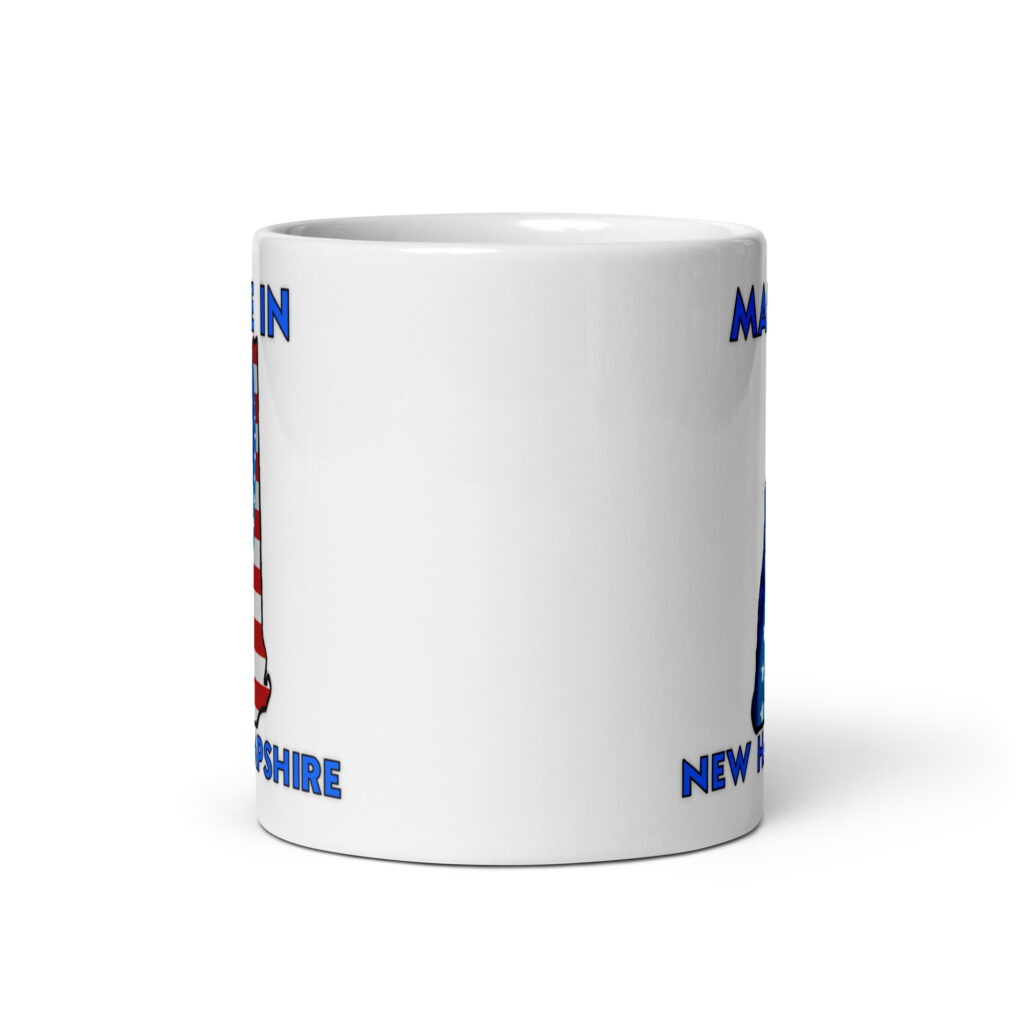 Made in NH graphic is printed on front and back of mug
